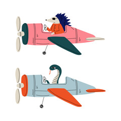 Sticker - Cute Animal Pilot Flying Retro Plane with Propeller in the Sky Vector Set