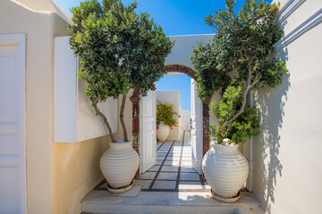 Wall Mural - Beautiful Santorini landscape with white architecture and sea view. Sunny summer travel background, cityscape, urban scenic. Idyllic streets, pathway