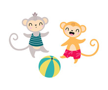 Cute African Monkey Animal Playing Ball Enjoying Hot Summer Activity Vector Illustration
