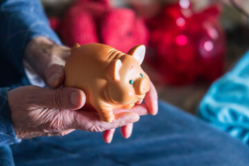 A man holds a toy pig in his hands. Piglet is a symbol of business and financial character