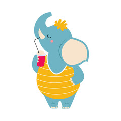 Sticker - Cute African Elephant Animal in Striped Sweatshirt Drinking Cocktail with Straw Enjoying Hot Summer Activity Vector Illustration