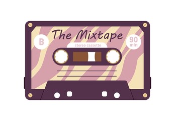 Leinwandbilder - Audio cassette with retro music records. Magnetic stereo mixtape of 90s. Analog mix tape. Old-school nostalgic compact casette. Flat vector illustration of audiotape isolated on white background