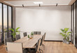 Blank wall Mockup in bright wooden office with windows and sun passing through. Empty company meeting room 3D rendering