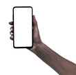 Afro woman hand holding the black new smartphone with blank screen isolated white background. hands using phone clipping path