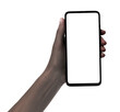 Afro woman hand holding the black new smartphone with blank screen isolated white background. hands using phone clipping path