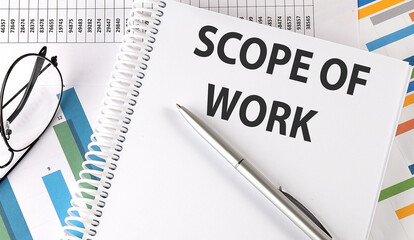 Poster - SCOPE OF WORK pen and glasses on chart, business concept
