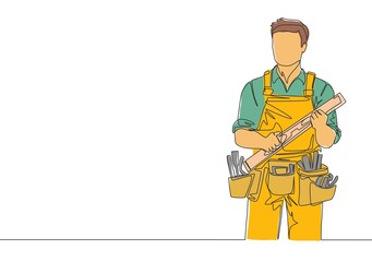 Poster - single continuous line drawing of young handyman wearing building construction uniform while holding