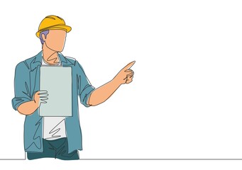 Poster - one single line drawing of young construction foreman giving instruction to team builder member. han