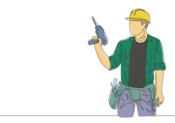 Poster - one single line drawing of young handyman wearing uniform while holding drill machine. repairman con