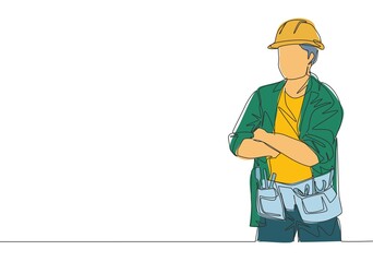 Poster - one continuous line drawing of young construction builder wearing uniform, tools belt and helmet whi