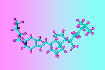 Molecular model of vitamin D3 butyrate, one of the group of fat-soluble vitamins that helps our body absorb calcium and phosphorus found in foods or supplements. 3d illustration