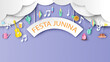 Festa Junina headline with guitar, cactus, beer, bonfire, lantern, flag, sunflower, corn, straw hat, bonfire, watering can and firework hanging on cloud. paper cut and craft style. vector, illustation