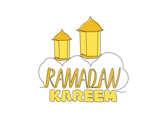 Poster - One single line drawing of Happy Eid Al Fitr Mubarak and Ramadan Kareem concept. Islamic holiday calligraphic design for print, greeting card, banner, poster. Continuous line draw design illustration