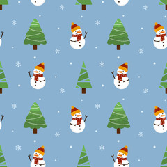 Wall Mural - Seamless christmas pattern. Background with snowman,  snowflakes and christmas trees. Perfect for wrapping paper, greeting cards, textile