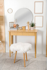 Poster - modern wooden dressing table with mirror and stool in room