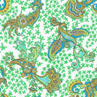 Paisley animal background. Seamless pattern with fantasy birds. Firebirds in Paisley style. Folk Oriental motif.