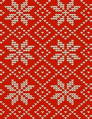 Wall Mural - Red knitted scandinavian snowflakes seamless pattern background. You see 6 tiles here.
