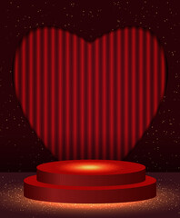 Vector illustration red neon heart background with shining stage podium