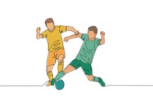 Single Continuous Line Drawing Of Two Football Players Fighting For The Ball At The Game. Soccer Match Sports Concept. One Line Draw Design Vector Illustration
