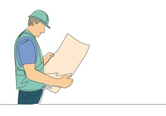 Poster - one single line drawing of young handsome architect holding building sketch design blueprint paper. 