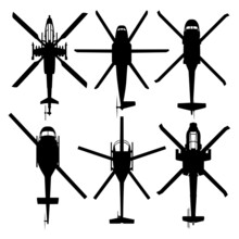Isolated Vector Silhouettes Of Military Transport Helicopters And Combat Helicopters. Top View.