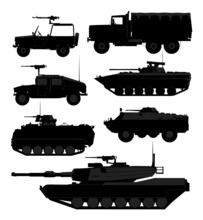 Isolated Vector Silhouettes Of Military Vehicules With Optional Details. From Tanks To Armored Cars.