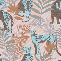 Wall Mural - Seamless pattern with African animals. Leopard and tiger around exotic tropical leaves on decorative zebra striped skin background. Wildlife jungle background in trendy flat style.