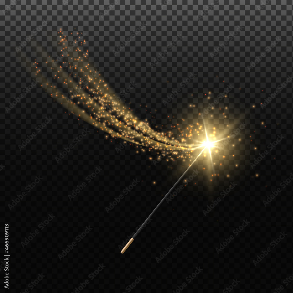 Image vectorielle Stock Magic wand with gold glowing sparkle trail shiny star dust and light effect. Wizard magic wand. Adobe Stock