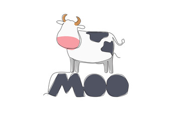 Poster - Single continuous line drawing of cute and adorable typography animal quote - Moo for cow sound. Calligraphic design for print, card, banner, poster. One line draw design illustration graphic vector
