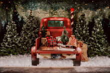Christmas Photo Session Backdrop In A Photo Studio With A Red Vintage Truck And A Forest