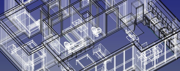 Poster - Abstract 3d illustration of an architectural drawing of a housing unit. Partial perspective with transparency in blueprint style.  Technical drawing with black and white colored lines.