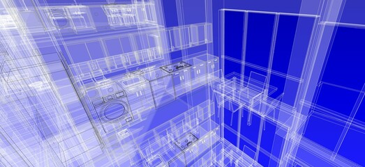 Poster - Abstract 3d illustration of an architectural drawing of a kitchen. Partial perspective with transparency in blueprint style.  Technical drawing with black and white colored lines. Landscape image. 