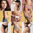 © master1305 - Collage made of cropped images of sportive bodies, bellies and bottocks of young woman isolated on colored studio background.
