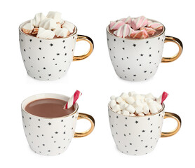 Set with cups of delicious hot chocolate on white background