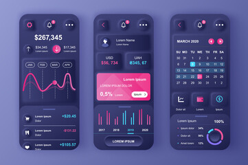 Poster - Finance services concept neumorphic templates set. Financial analytics, payments, management and monitoring. UI, UX, GUI screens for responsive mobile app. Vector design kit in neumorphism style