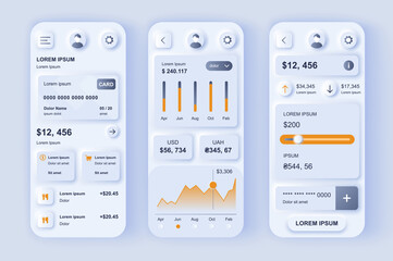 Aufkleber - Finance services concept neumorphic templates set. Financial account in online banking, transaction monitoring. UI, UX, GUI screens for responsive mobile app. Vector design kit in neumorphism style