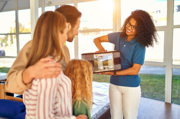 Wall Mural - An African American woman salesperson consultant consults a young family by showing samples of mattresses in a bed, mattress and pillow store.