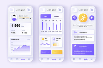 Poster - Fitness workout concept neumorphic templates set. Sports activity tracker, calorie tracking, training statistics. UI, UX, GUI screens for responsive mobile app. Vector design kit in neumorphism style