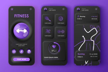 Fototapete - Fitness workout concept neumorphic templates set. Tracker different sports training, running routes, statistics. UI, UX, GUI screens for responsive mobile app. Vector design kit in neumorphism style
