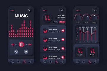 Poster - Music player concept neumorphic templates set. Player interface with buttons, song list, sound setting, playlists. UI, UX, GUI screens for responsive mobile app. Vector design kit in neumorphism style