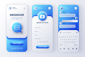 Poster - Online messenger concept neumorphic templates set. Login and registration form, chat, sending messages, keyboard. UI, UX, GUI screens for responsive mobile app. Vector design kit in neumorphism style