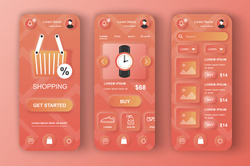 Aufkleber - Online shopping concept neumorphic templates set. Store website interface for smartphone, internet marketing. UI, UX, GUI screens for responsive mobile app. Vector design kit in neumorphism style