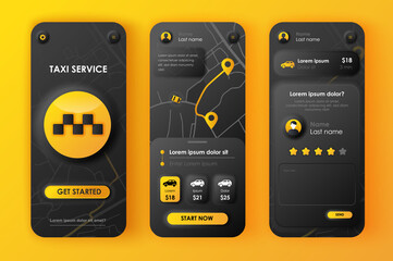 Poster - Taxi service concept neumorphic templates set. Online car booking, map navigation, driver or passenger rating. UI, UX, GUI screens for responsive mobile app. Vector design kit in neumorphism style