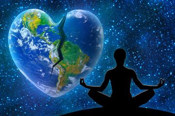 Wall Mural - Female yoga figure against universe background. Earth in the shape of a broken heart, ecology and environment concept .