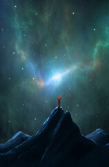 Wall Mural - climber in red jacket with hands up standing on mountain with nebula, milky way and stars. sport, su