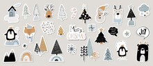 Christmas Winter Stickers Collection For Kids, Seasonal Design, Cute Animals And Elements For Scrapbook