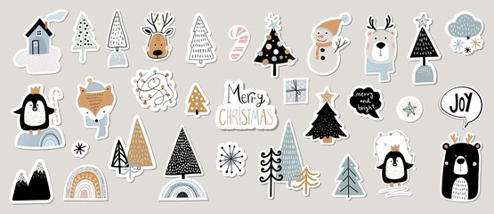 Wall Mural - christmas winter stickers collection for kids, seasonal design, cute animals and elements for scrapb