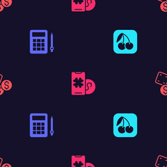 Poster - Set Slot machine with cherry, Bingo card, Online poker table game and Game dice on seamless pattern. Vector