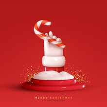 Christmas Abstract Festive Composition. Hand Santa's Claus Sticks Out Of The Snow And Holding A Candy Cane, On Round Red Stage Podium. Realistic 3d Happy New Year Design. Vector Illustration