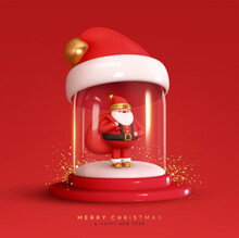 Christmas Holiday. Under Magic Glass Dome Santa Claus With Gift Bag With White Snowball. Festive New Year Realistic 3d Design Composition. Xmas Red Background. Vector Illustration